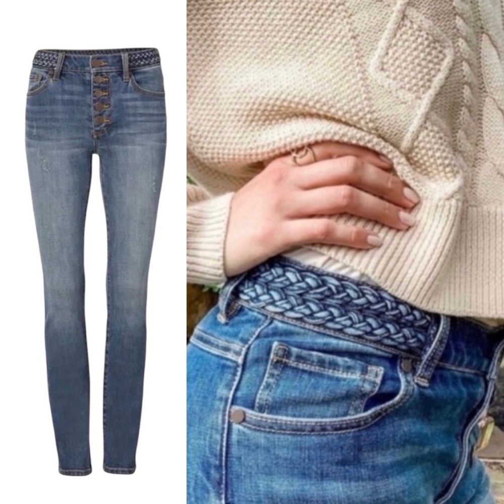 CAbi Braided Waist Button Fly Jean Womens Size 4 Skinny Denim In Dream Weaver